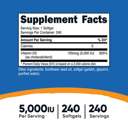 Suplemento Nutricost vitamina D3 no transgénica y sin gluten
