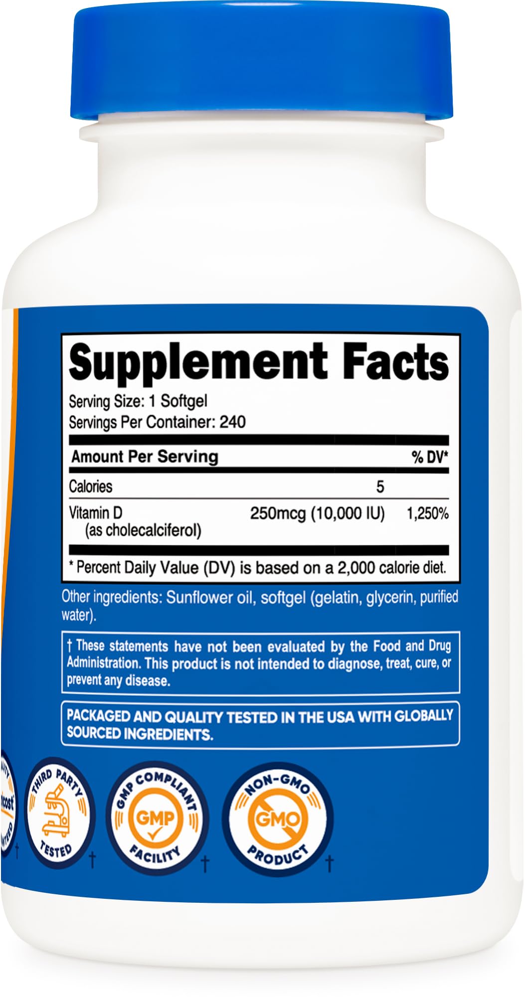 Suplemento Nutricost vitamina D3 sin gluten 10,000 UI