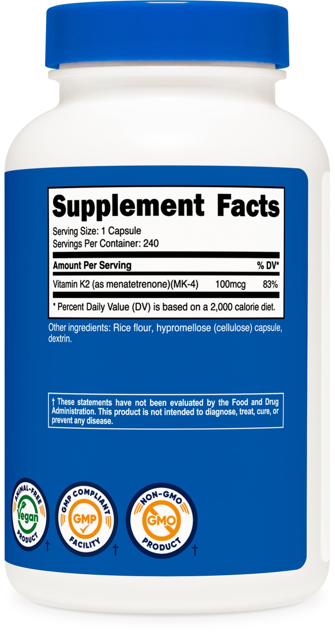 Suplemento Nutricost Vitamina K2 240 cápsulas en mesa