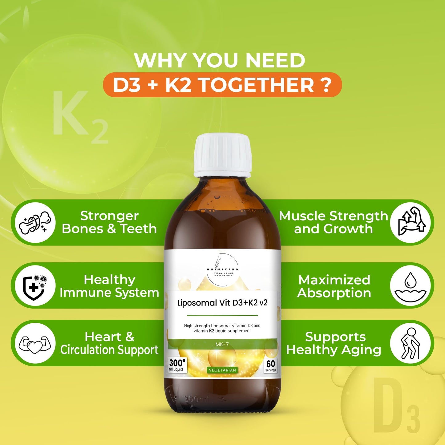 Suplemento nutrixpro líquido vitamina D3 y K2 presentación 300 ml