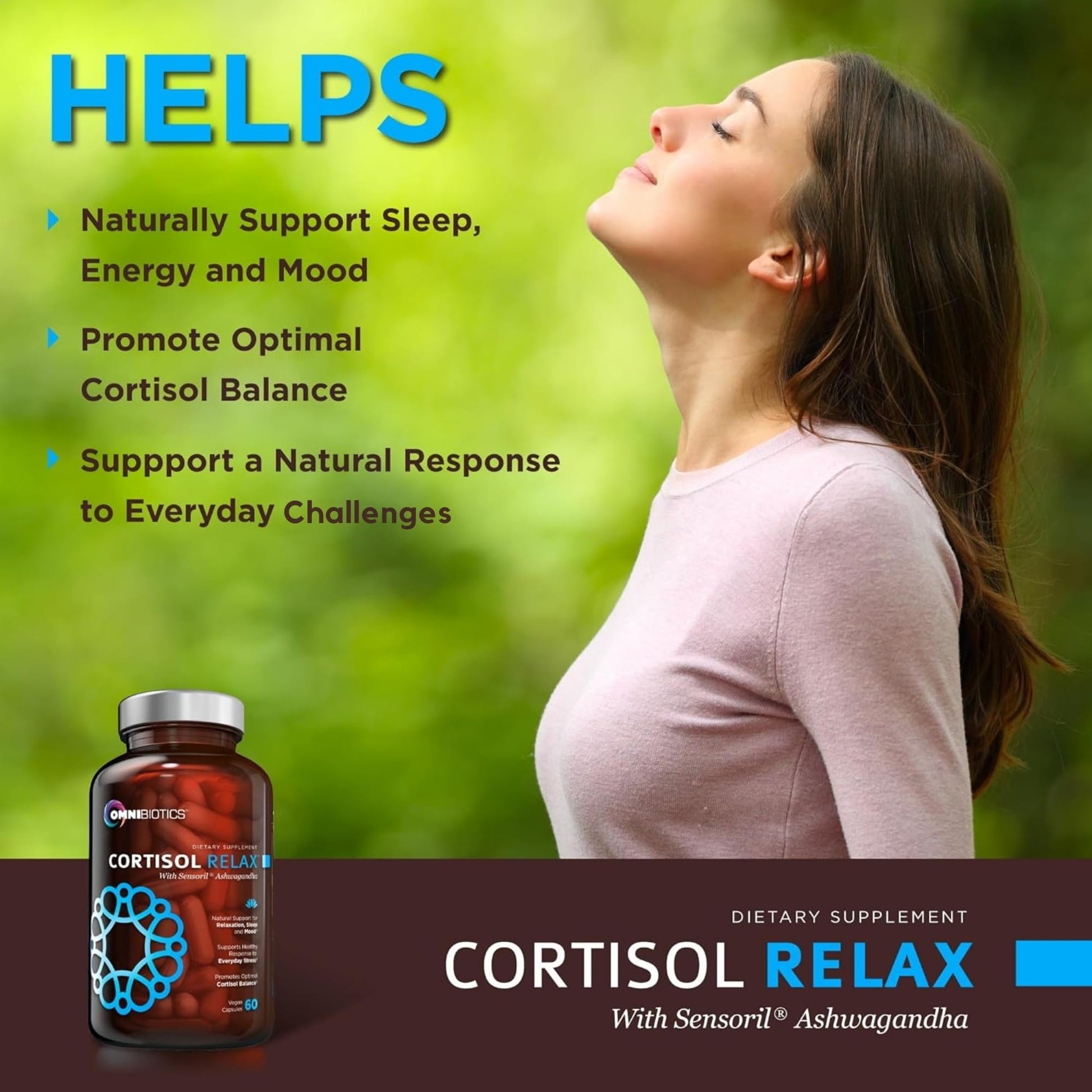 Suplemento OmniBiotics con combo de ingredientes naturales para relajación