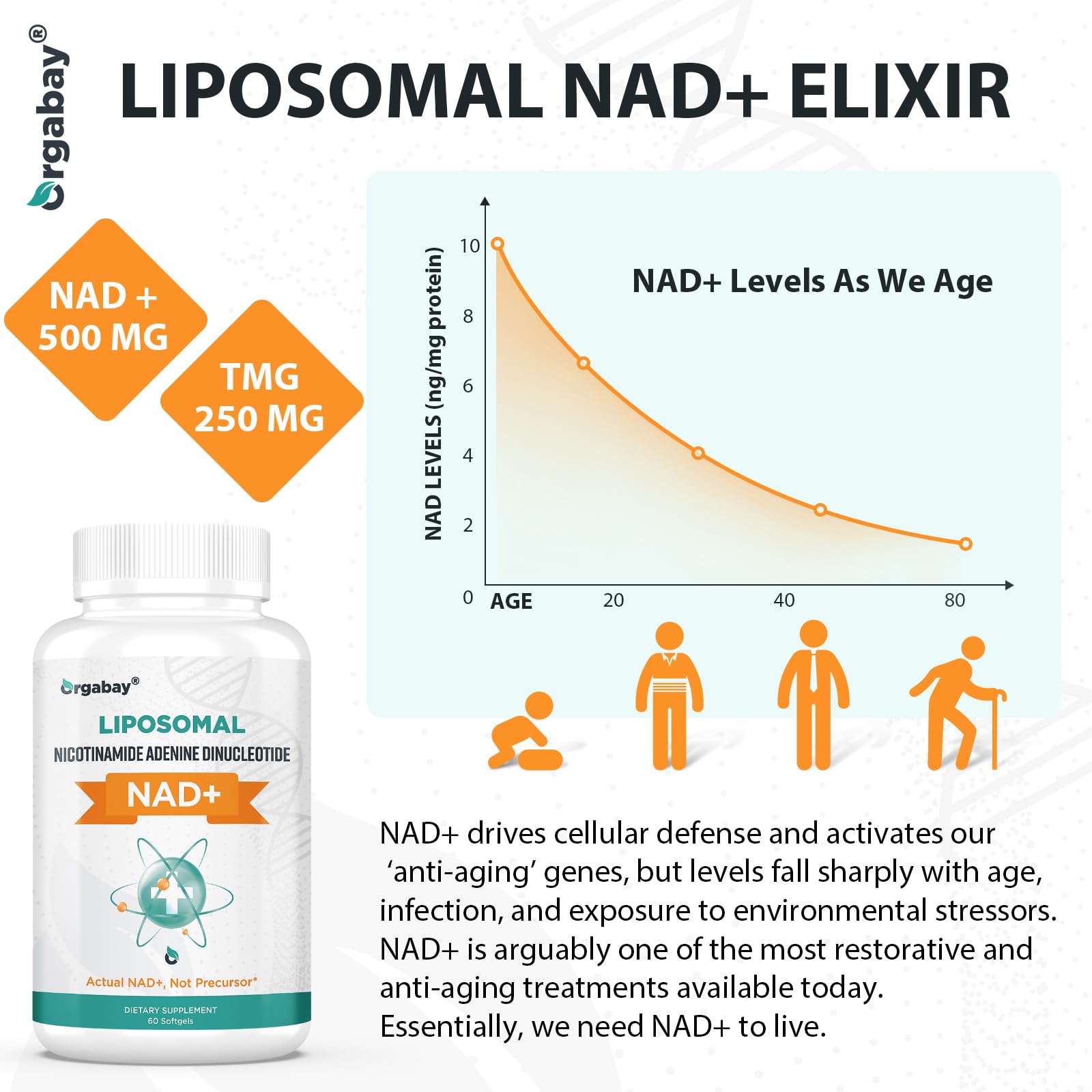 Suplemento Orgabay NAD+ liposomal para apoyo energético y salud celular