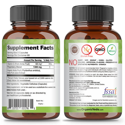 Suplemento orgánico de amla con vitamina c antioxidante vegana
