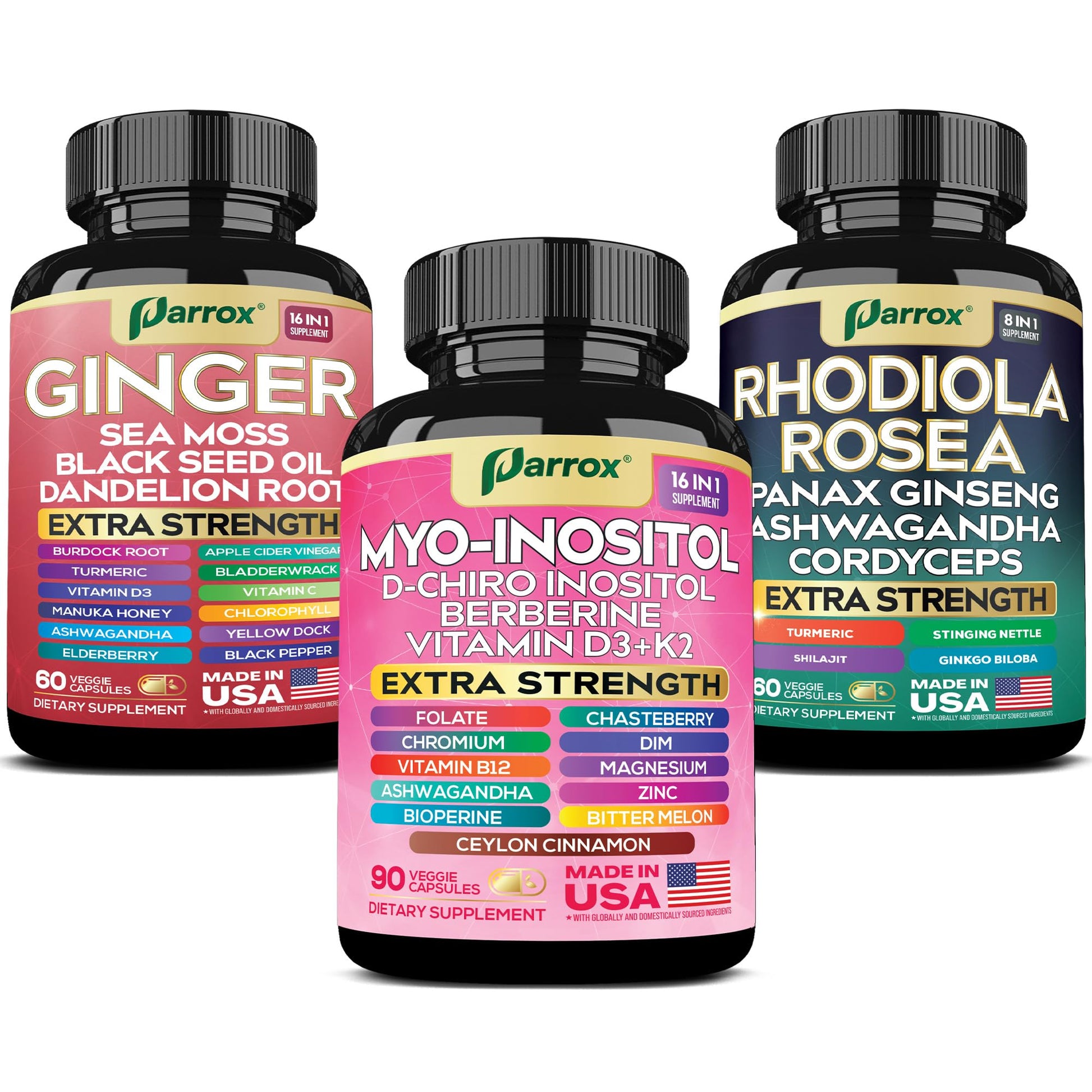 Botellas del suplemento Parrox Myo Inositol con jengibre y rhodiola