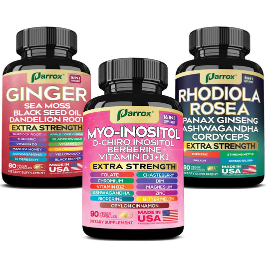 Botellas del suplemento Parrox Myo Inositol con jengibre y rhodiola