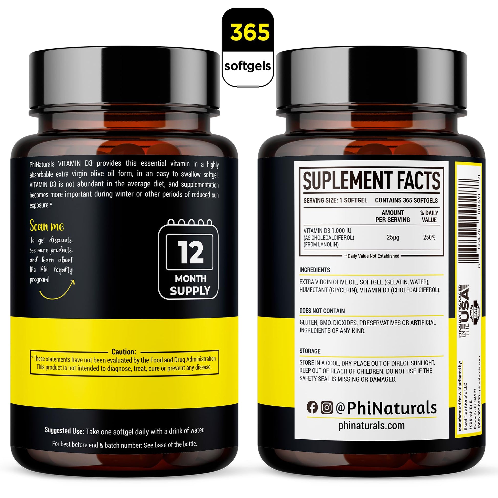 Suplemento PhiNaturals cápsulas vitamina D3 aceite oliva extra virgen