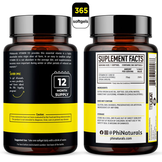 Suplemento PhiNaturals cápsulas vitamina D3 aceite oliva extra virgen