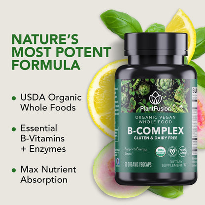 Suplemento PlantFusion B-complejo orgánico etiqueta frontal