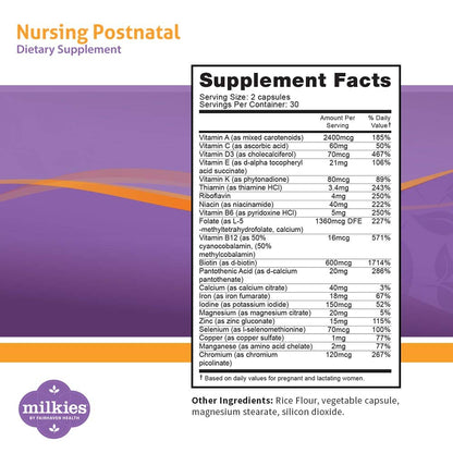 Tabla de información nutricional del suplemento postnatal Fairhaven Health.