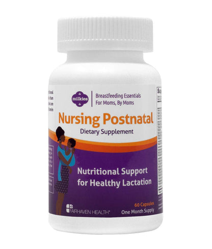 Botella de suplemento postnatal para lactancia Fairhaven Health, vitaminas y minerales.
