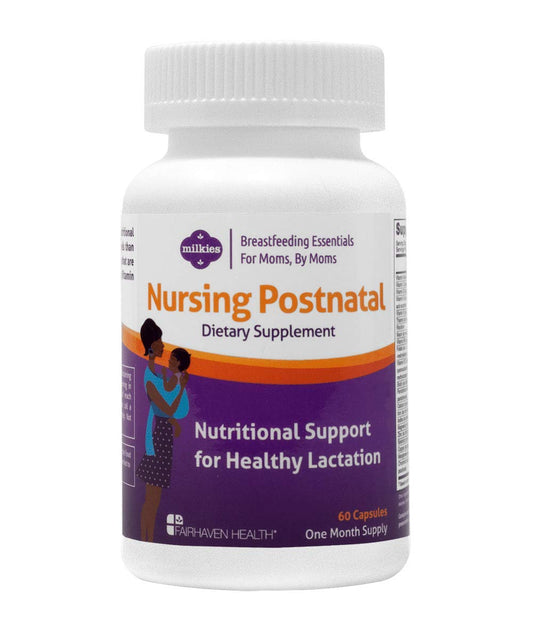 Botella de suplemento postnatal para lactancia Fairhaven Health, vitaminas y minerales.