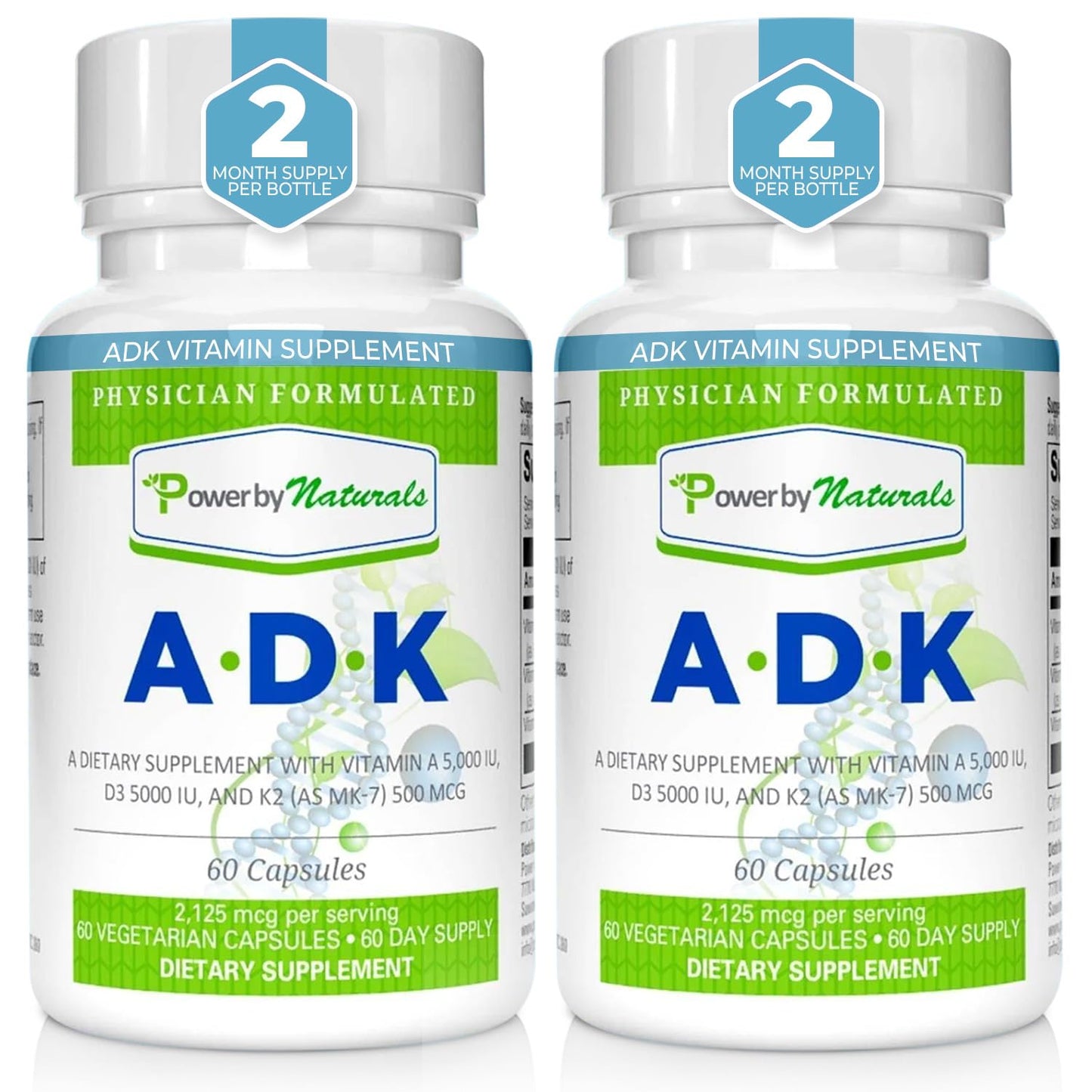 Suplemento Power By Naturals ADK vitaminas A D3 K2 caja 2 frascos