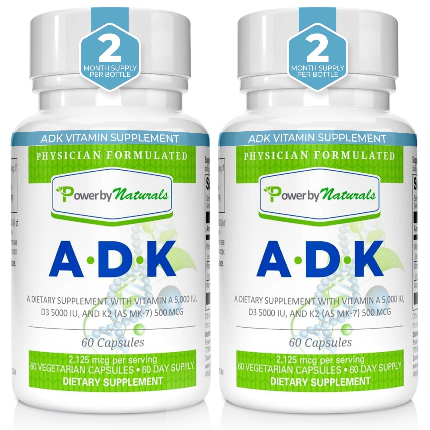 Suplemento Power By Naturals ADK vitaminas A D3 K2 caja 2 frascos