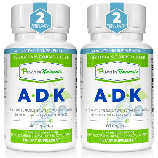 Suplemento Power By Naturals ADK vitaminas A D3 K2 caja 2 frascos