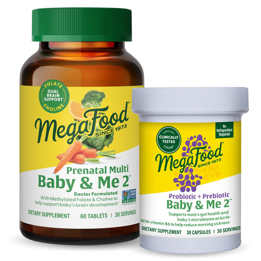 Paquete combinado Baby & Me 2 de MegaFood mostrando vitaminas y probióticos