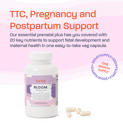 Suplemento prenatal Binto Bloom hierro y folato metilado