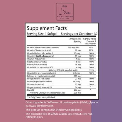 Suplemento prenatal Noor Vitamins con vitamina B y calcio