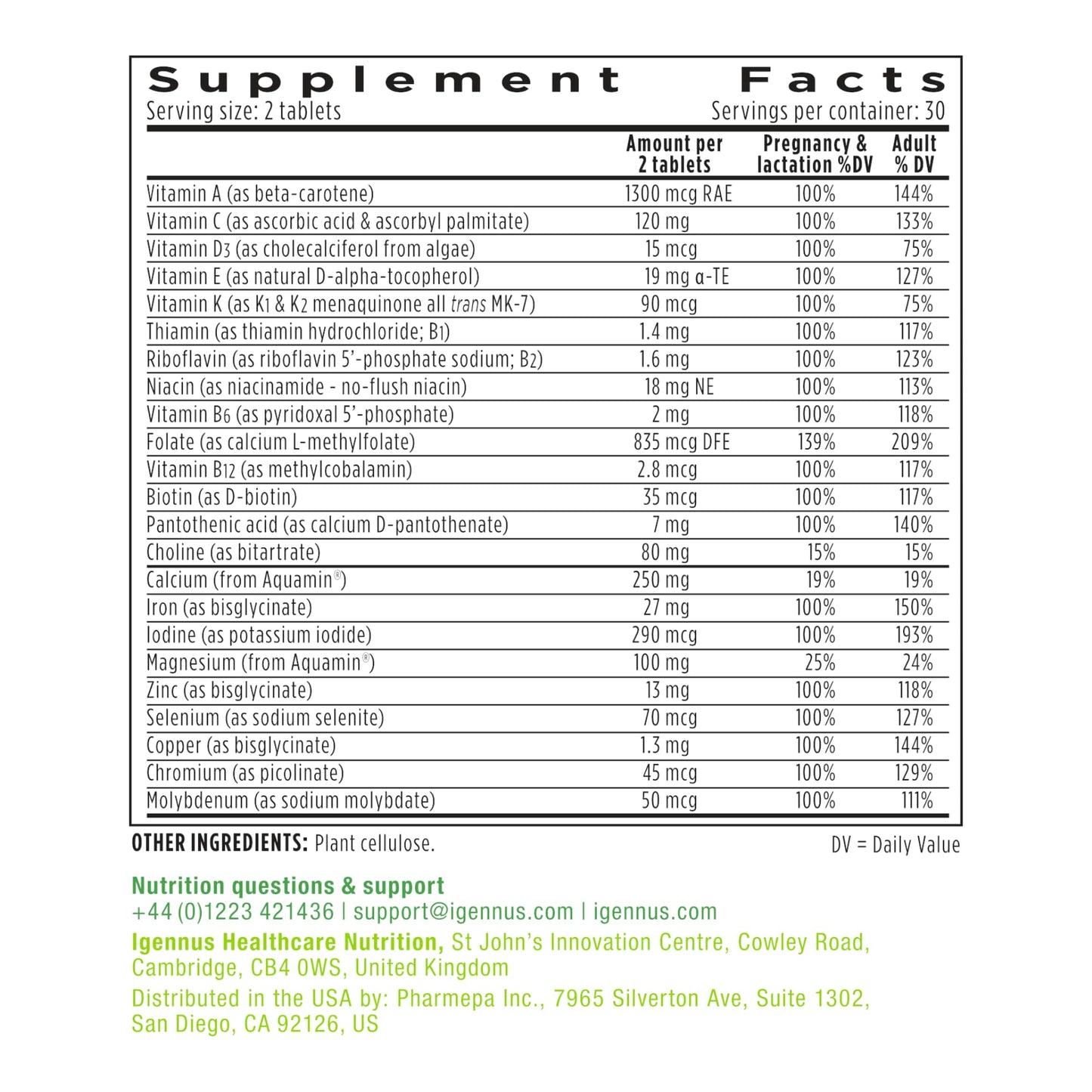 Suplemento prenatal vegano de Igennus