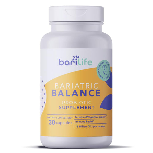 Botella de suplemento probiótico Bari Life con 30 cápsulas