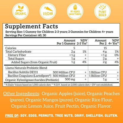 Suplemento probiótico vegano para niños Llama Naturals orgánico