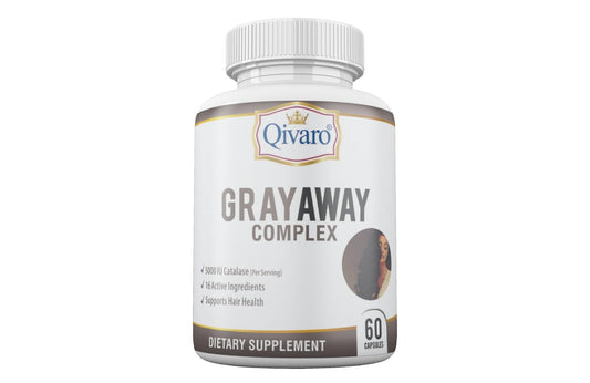 Suplemento Qivaro Gray Away Complex caja y cápsulas para restaurar cabello