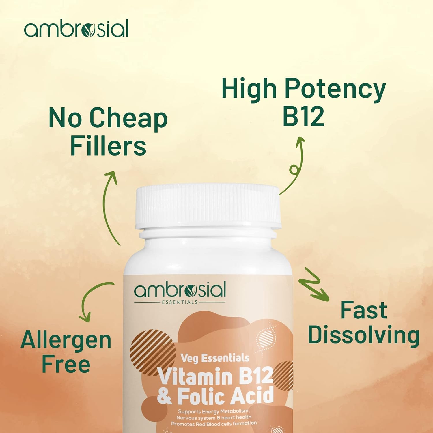 Suplemento saludable AMBROSIAL vitamina B12 ácido fólico