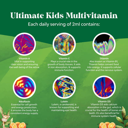 Suplemento saludable para niños, vitaminas y minerales esenciales.
