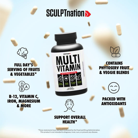 Suplemento Sculpt Nation con lista de beneficios antioxidantes y nutricionales.