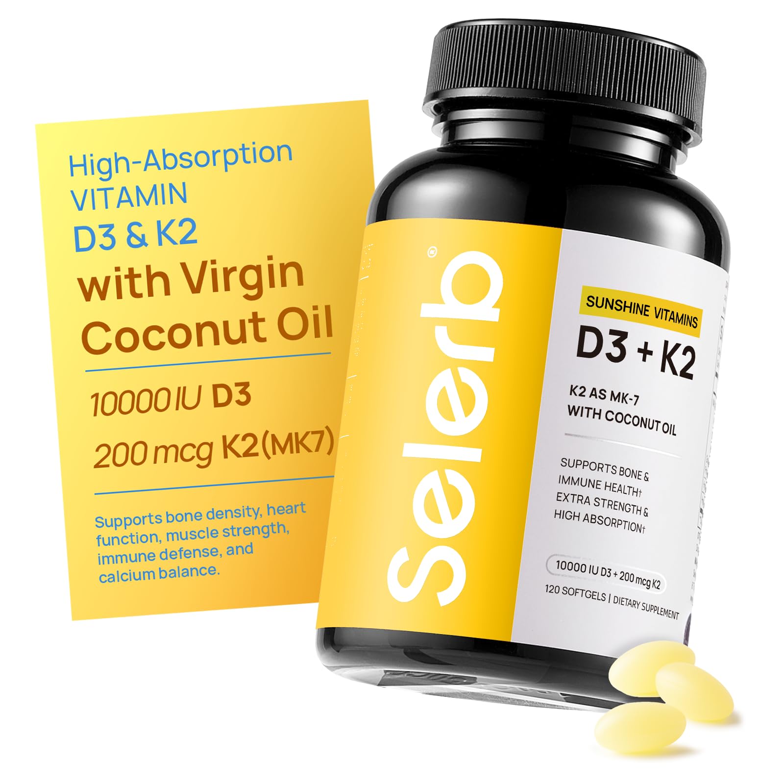 Suplemento Selerb vitamina D3 K2 con aceite de coco 120 cápsulas