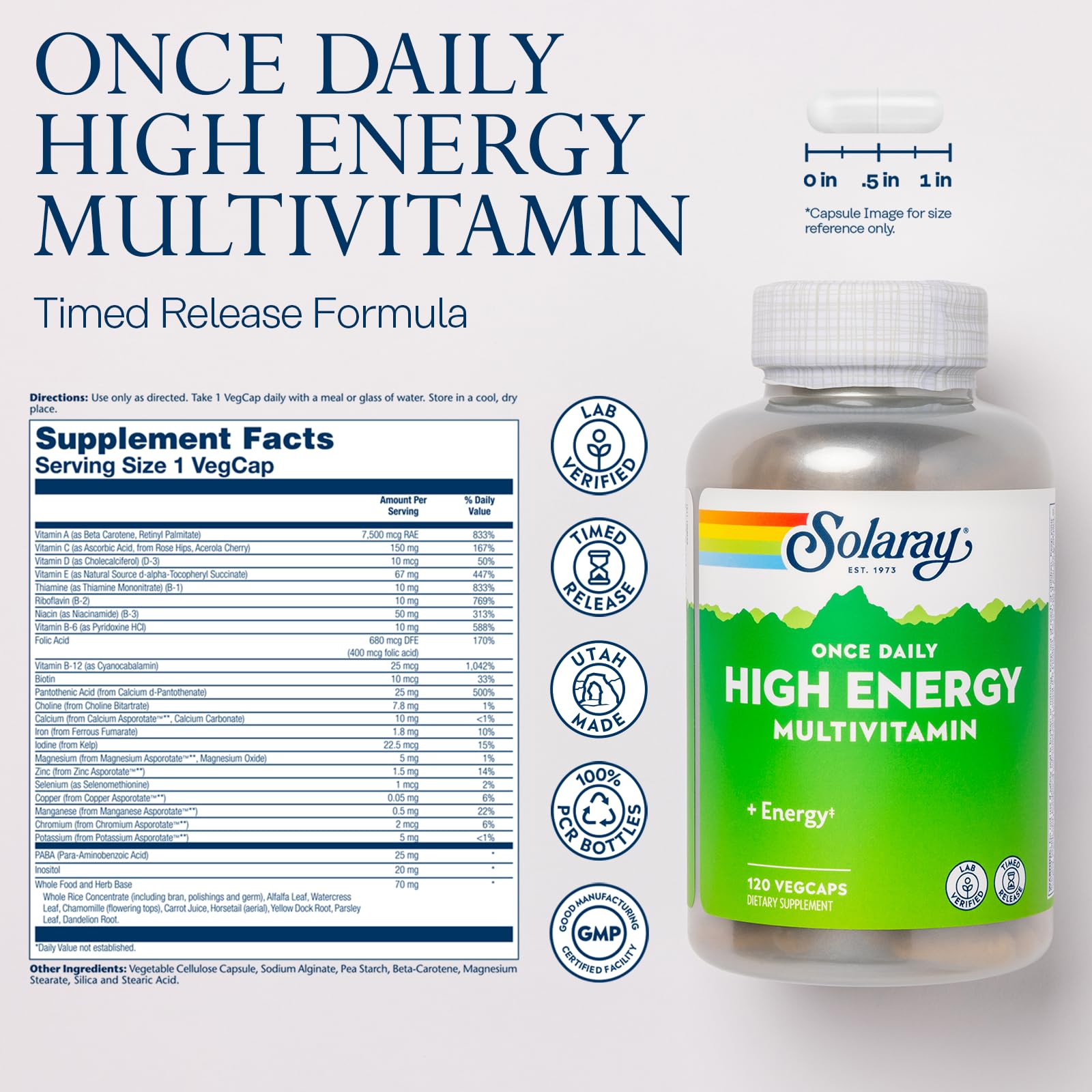 Suplemento Solaray con detalles sobre elementos minerales y vitaminas