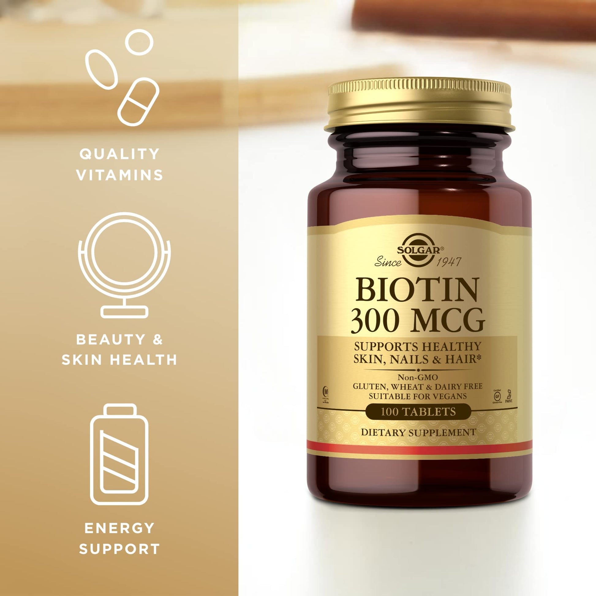 Suplemento SOLGAR Biotina 300 mcg beneficio piel uñas cabello