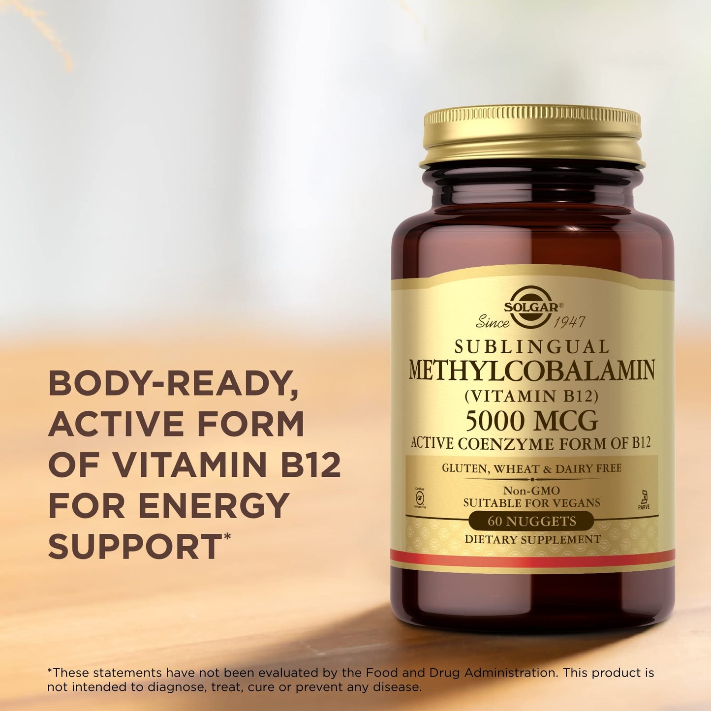 Suplemento SOLGAR vitamina b12 sin gluten y vegano para energía