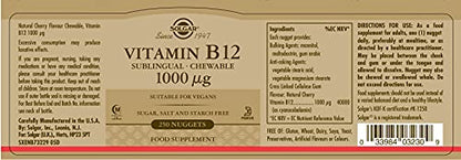 Suplemento Solgar vitamina b12 para sistema nervioso y energía