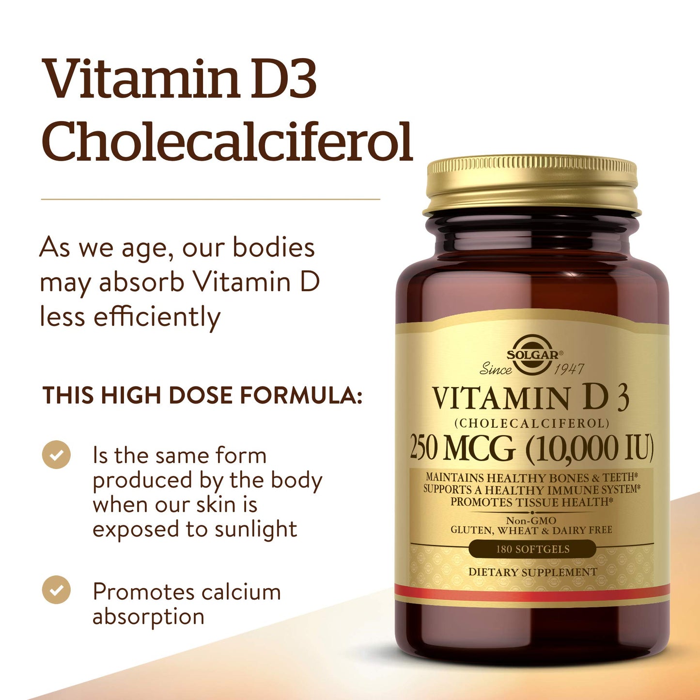 Suplemento Solgar vitamina D3 10000 iu para soporte inmune y mineralización
