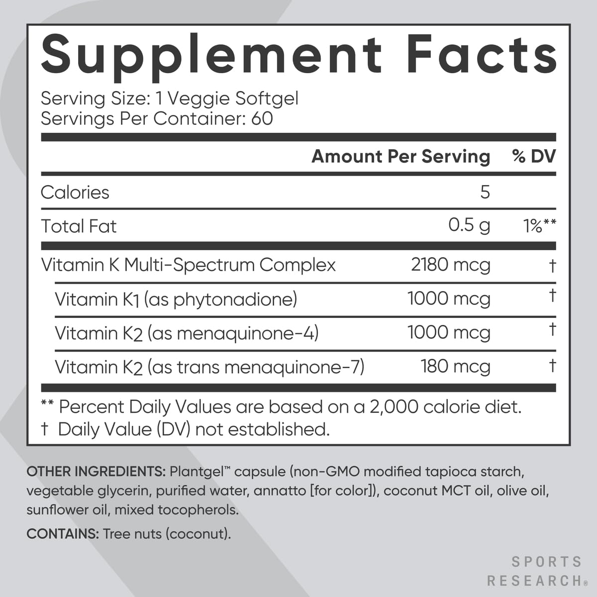 Suplemento Sports Research Vitamina K Multi-Espectro presentación