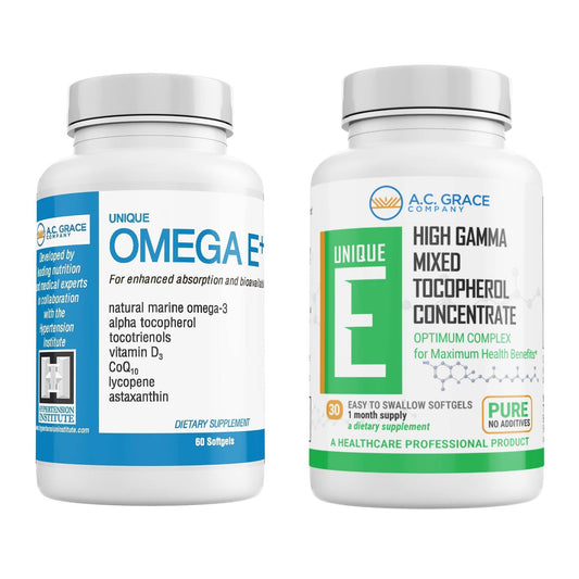 Suplemento UNIQUE E cápsulas tocopheroles con Omega E+ frasco