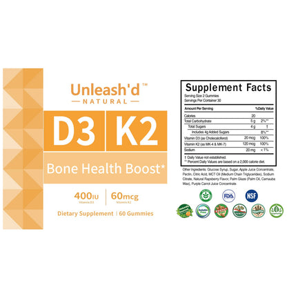 Suplemento unleash'd gomitas D3 K2 60 unidades paquete