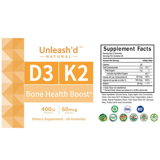 Suplemento unleash'd gomitas D3 K2 60 unidades paquete