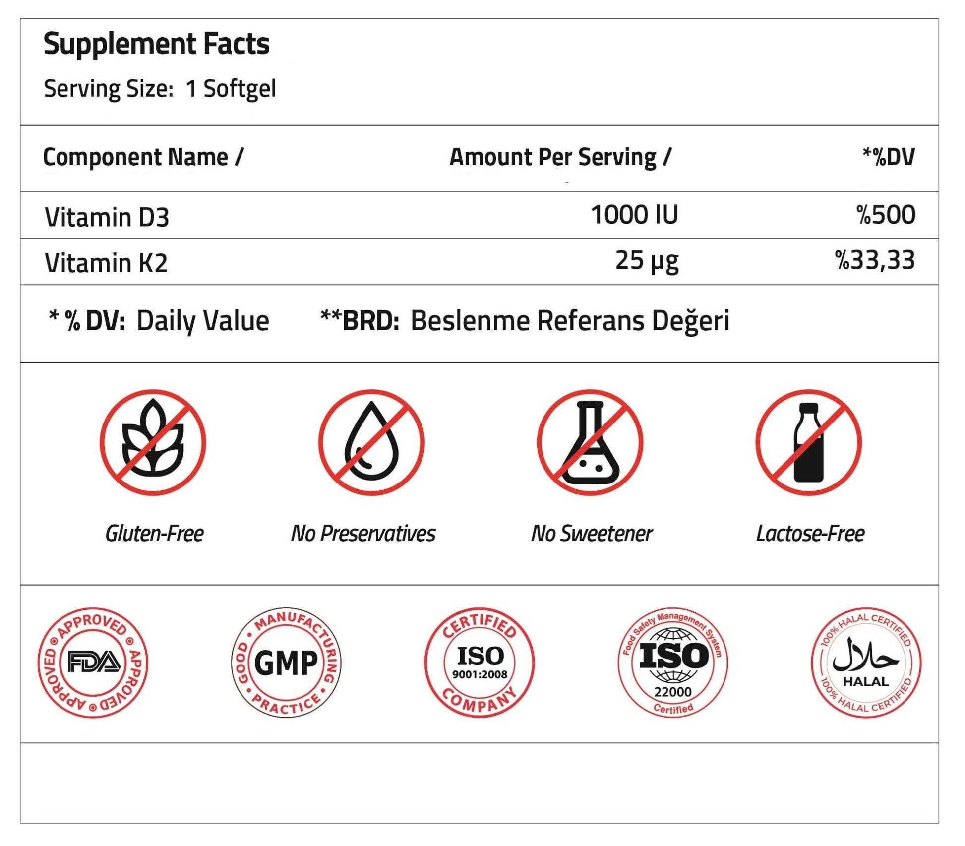 Suplemento Validus Vitamina D3 1000 UI + K2 25 mcg sin gluten
