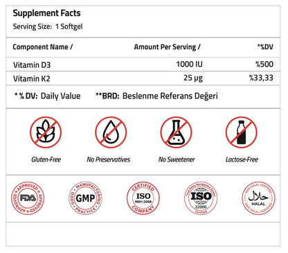 Suplemento Validus Vitamina D3 1000 UI + K2 25 mcg sin gluten