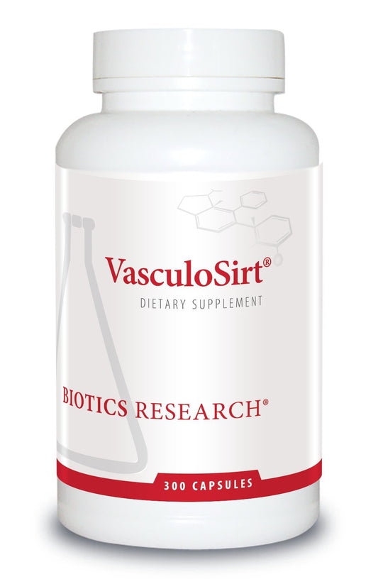 Botella de suplemento VasculoSirt de Biotics Research para salud vascular
