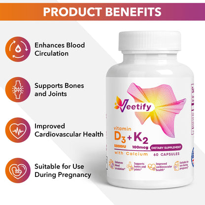 Suplemento Veetify con vitamina D3 5000 UI y K2 para fuertes huesos y articulaciones