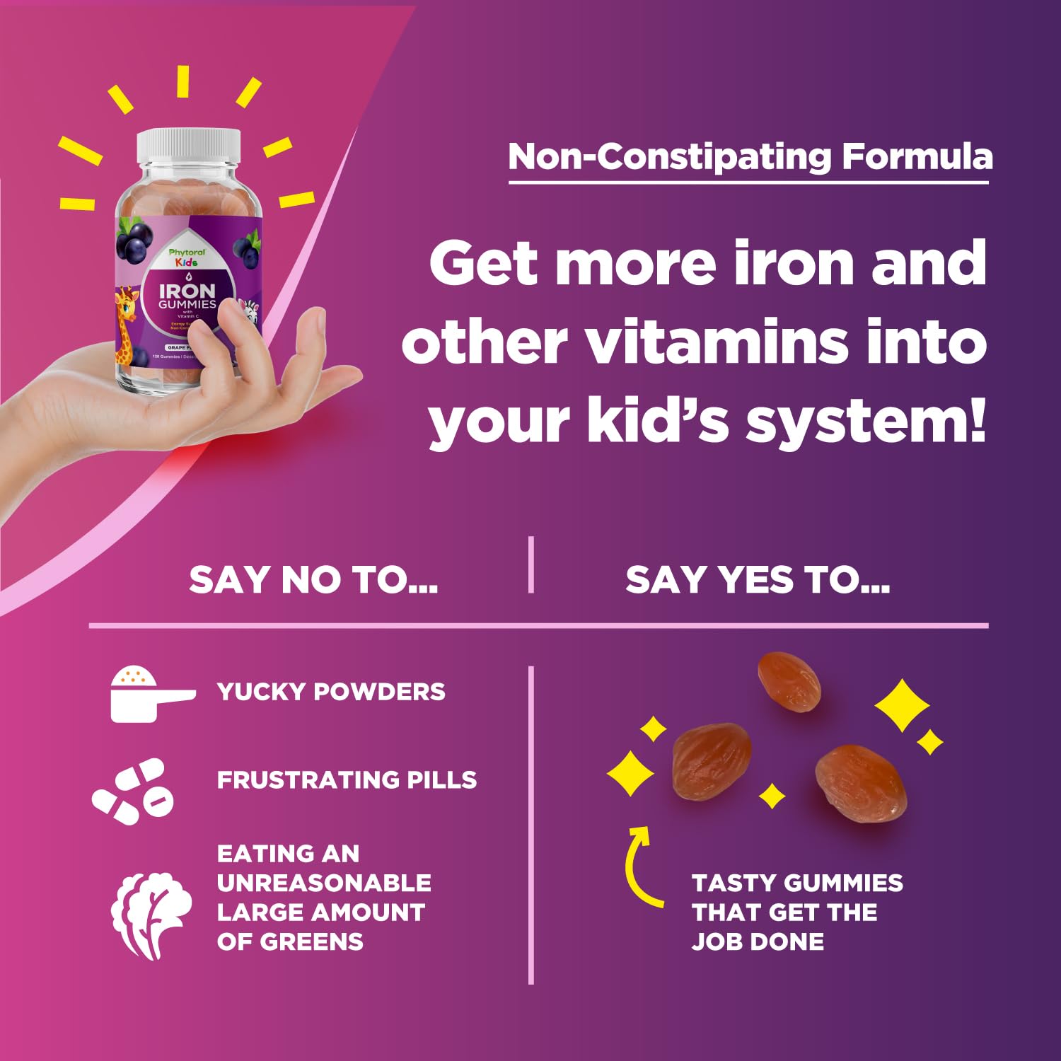 Suplemento vegano de hierro y vitaminas para niños.