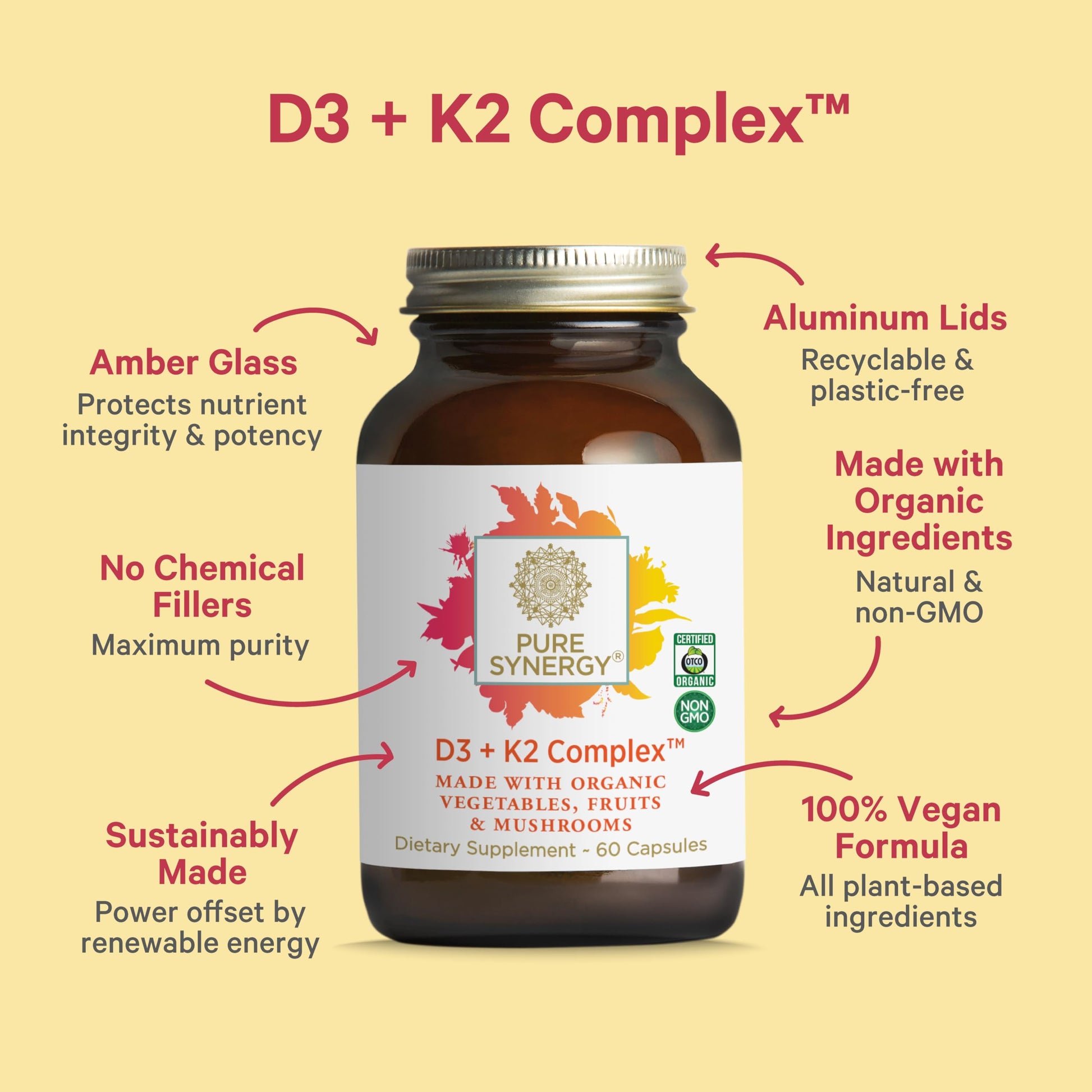 Suplemento vegano PURE SYNERGY D3 K2 con ingredientes orgánicos