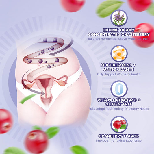Suplemento vegano sin azúcar con sabor a arándano para salud femenina