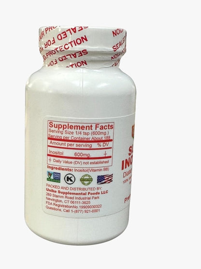 Suplemento vegano Unike Nutra Super Inositol envase y polvo