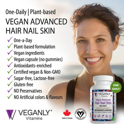Suplemento vegano VEGANLY para mejorar la piel cabello y uñas