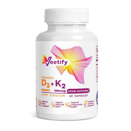 Suplemento vegetal Veetify vitamina D3 K2 y calcio para huesos fuertes