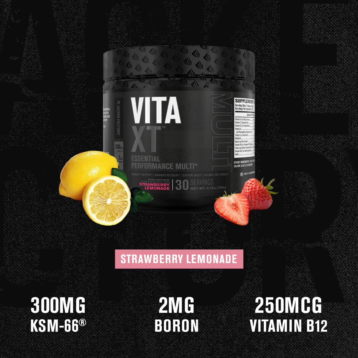 Suplemento alimenticio Vita XT multivitamina en polvo con ingredientes premium.