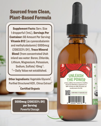 Suplemento de vitamina B12 RawGuru nano-procesado en frasco de 60 ml
